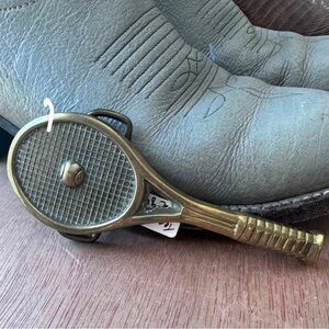 Tennis Racket with Ball Belt Buckle in silver tone